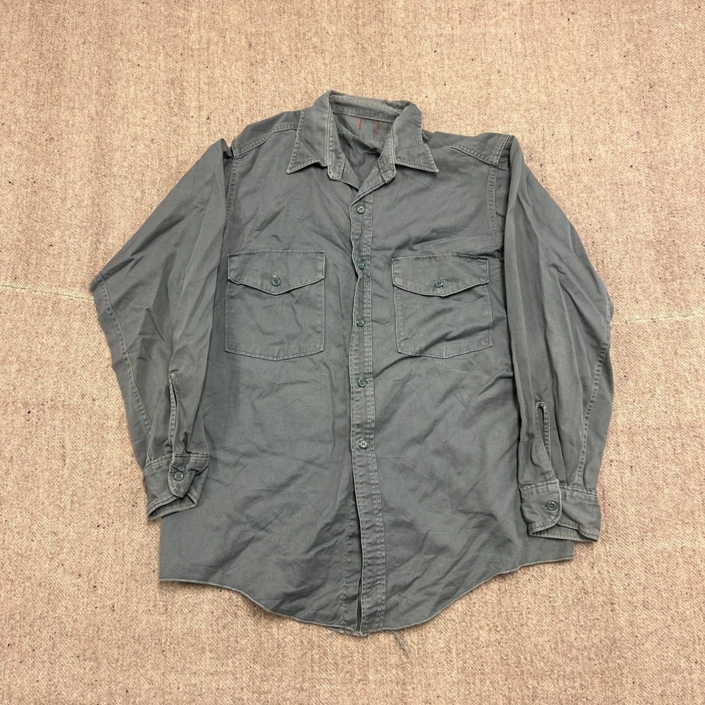 Vintage 1960s Button Up Work Shirt Mens Large Gray USA Long Sleeve